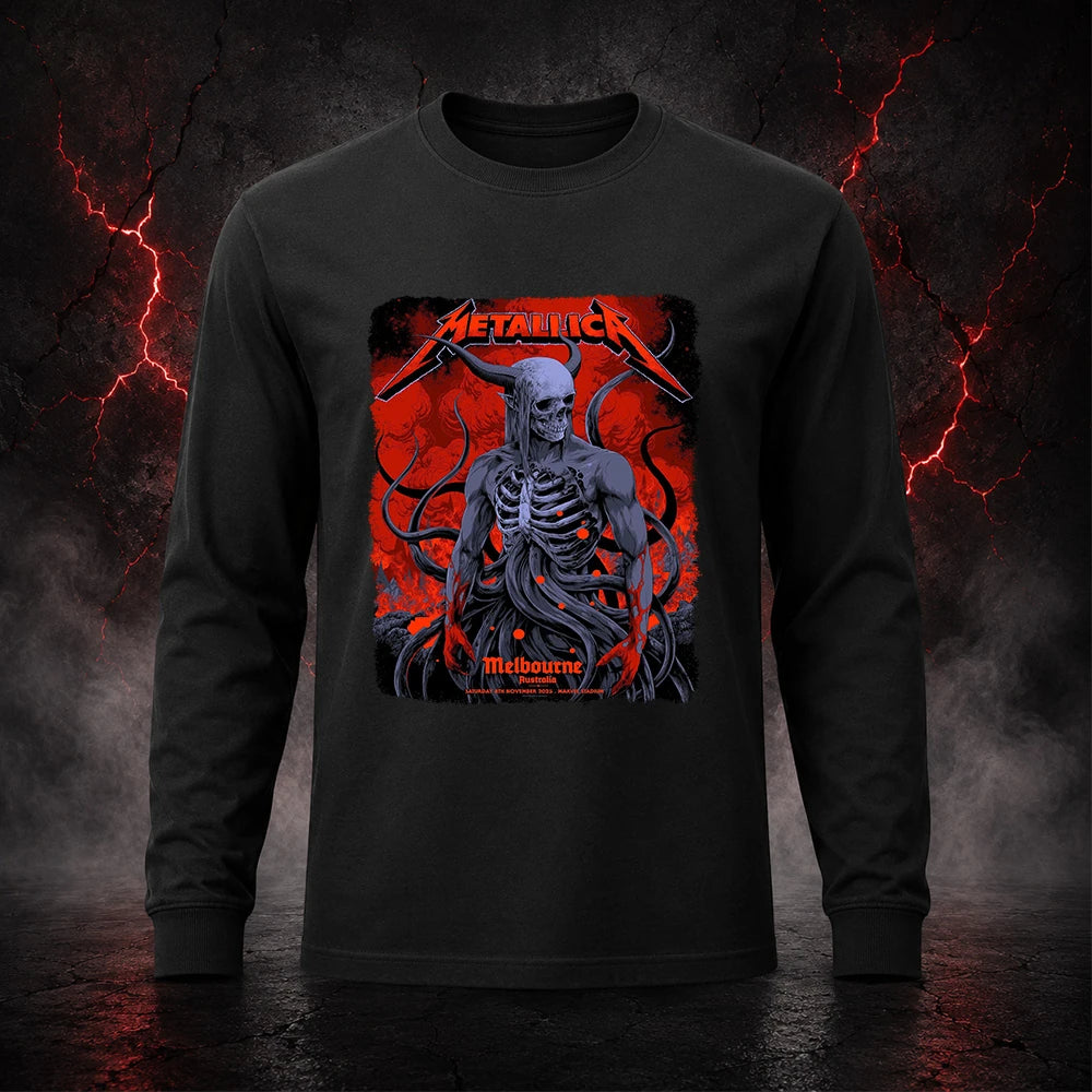 Metallica M72 World Tour November 8 2025 Marvel Stadium Melbourne Australia T-shirt by Ken Taylor featuring a horned skeletal figure, exposed ribcage, twisting tendrils, red smoke, infernal landscape and Melbourne event text.